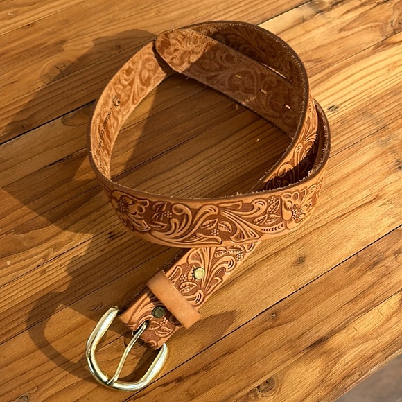 None Other - Leather Belt 34 Tooled Floral Leather Cowboy Cowgirl Western USA